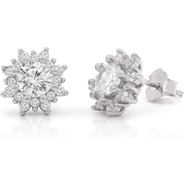 Flower Cluster Starburst Stud Post Earrings Pave Round Simulated Cubic Zirconia Rose Tone 925 Sterling Silver 